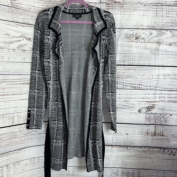 belldini cardigan womens Size petite Small belted Duster Knit striped Sweater - Picture 3 of 11